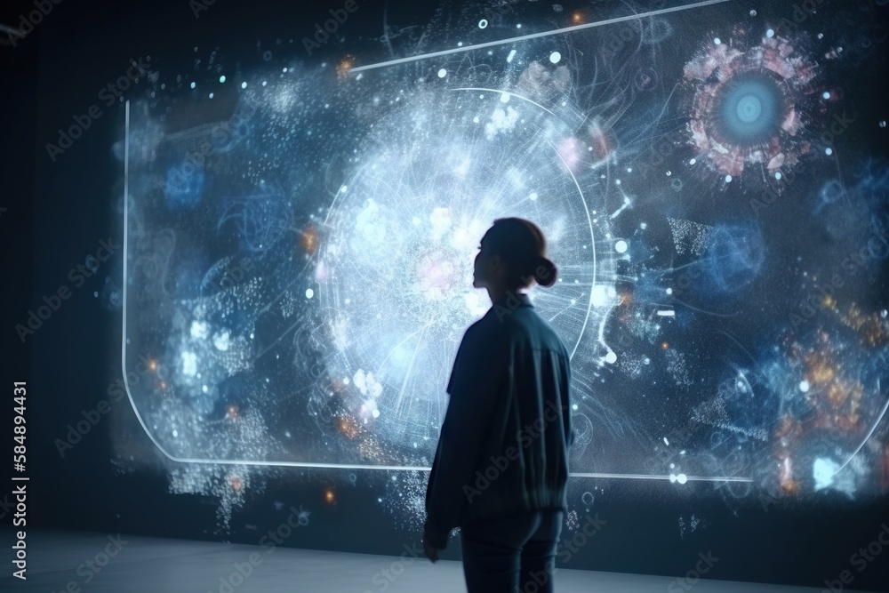 Poster a person standing in front of a large screen with a picture of a star field science museum video art