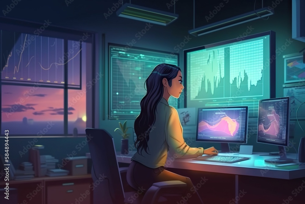 Poster a woman sitting at a desk with a computer and a monitor modern city at dusk animation data analytics