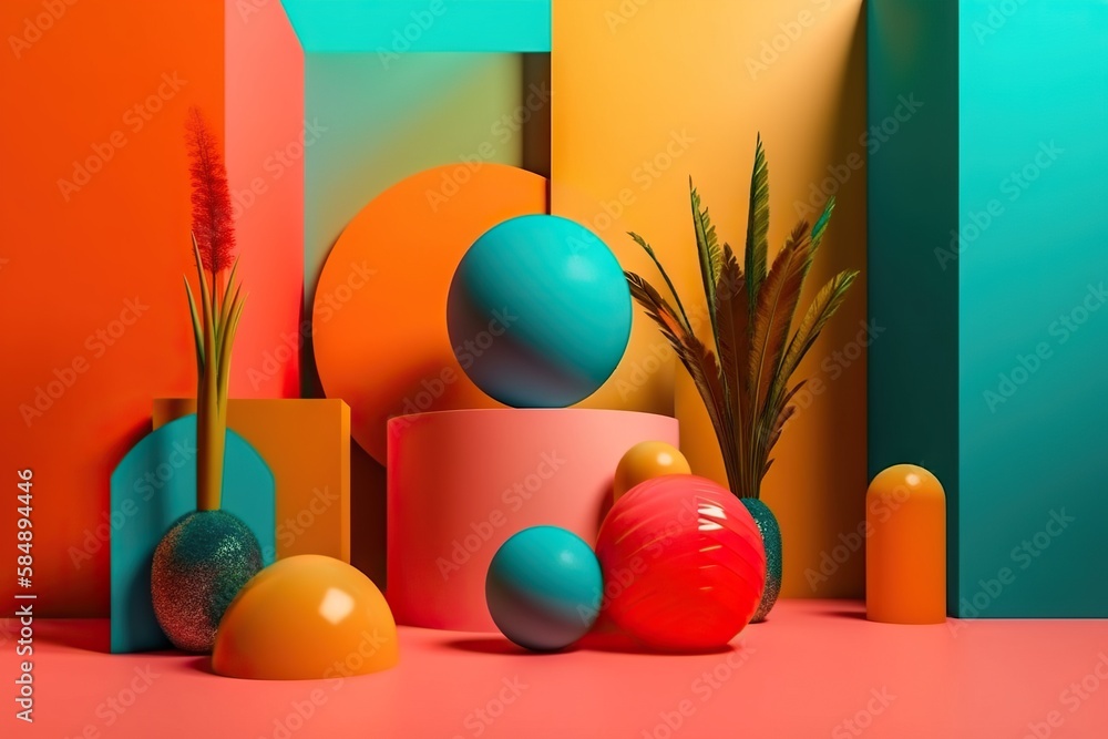 Aufkleber a colorful display of vases and plants on a pink surface arcade color field painting motion graphics