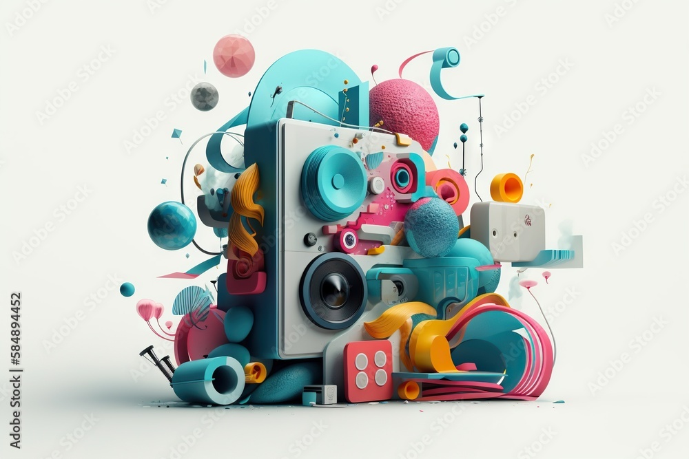 Poster a refrigerator with a bunch of different objects around it on a white background bank typography mot