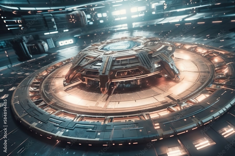 Poster a futuristic city with a circular building surrounded by lights and a circular building with a circu