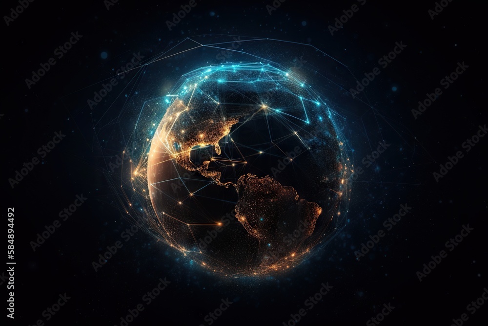 Poster a globe with a network of lights around it in the dark deep sea trench panoramic photography supply 