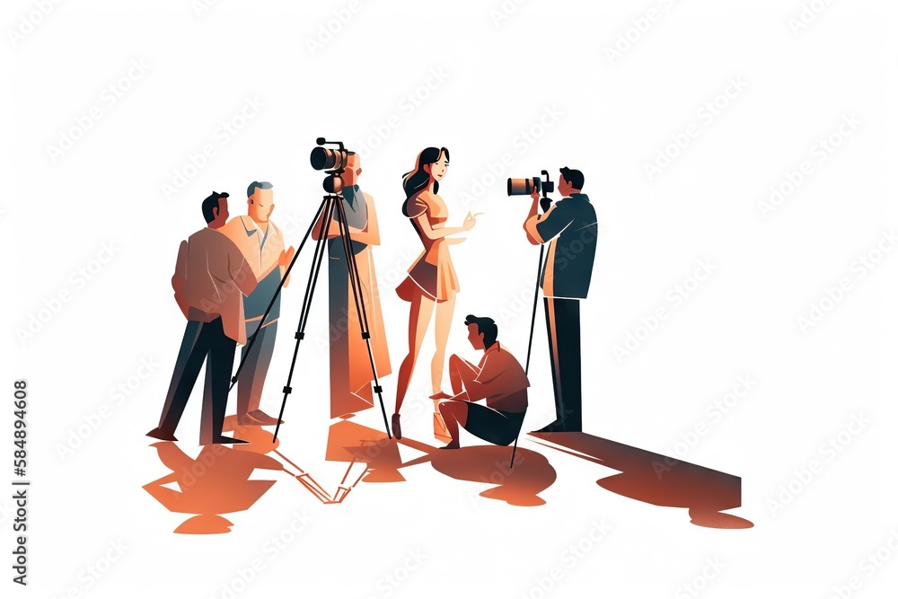 Poster a group of people standing around a camera on a tripod tv studio animation motion graphics generativ