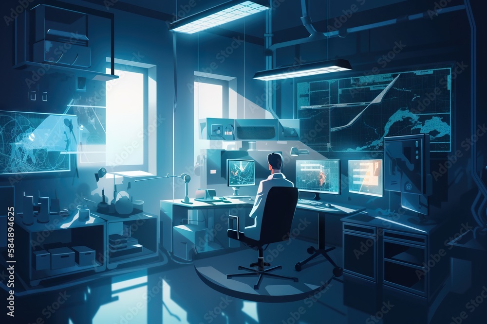 Poster a man sitting at a desk in a room with multiple monitors factory animation cybersecurity