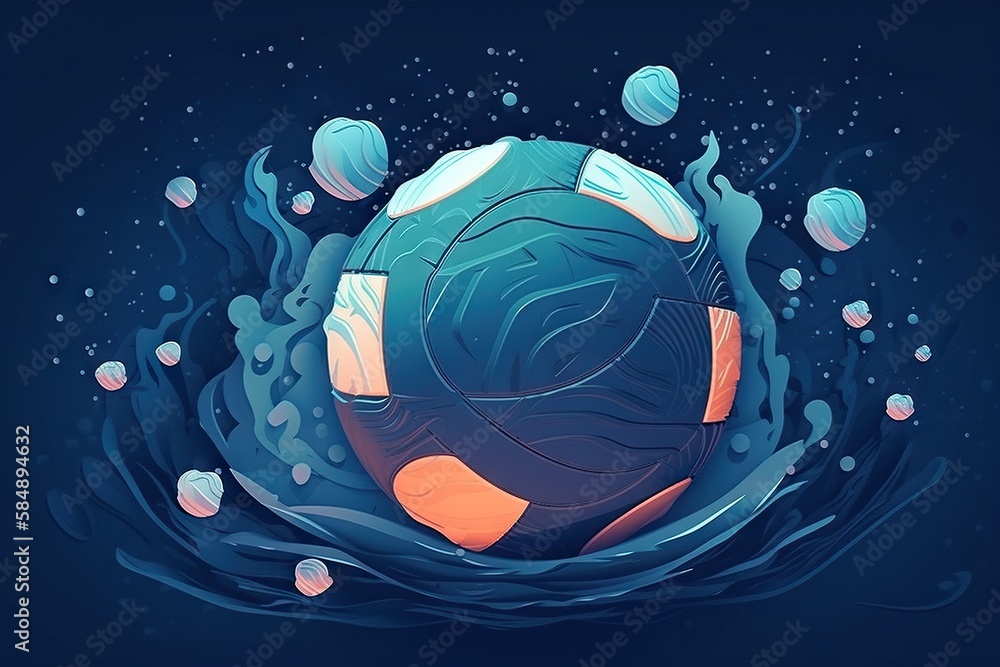 Poster a blue and orange ball floating in the water with bubbles on it deep sea trench animation motion gra