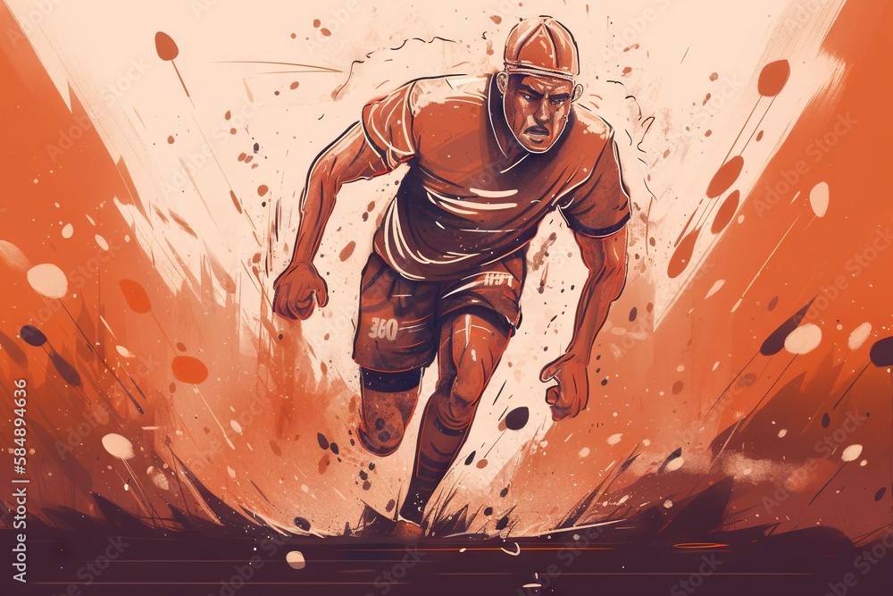 Poster a man running through a field with a red background and a splash of paint sports bar animation digit