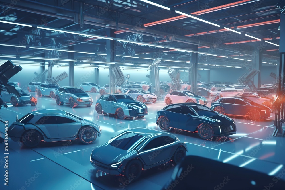 Poster a futuristic car garage with many cars in it and a robot standing next to it factory animation suppl