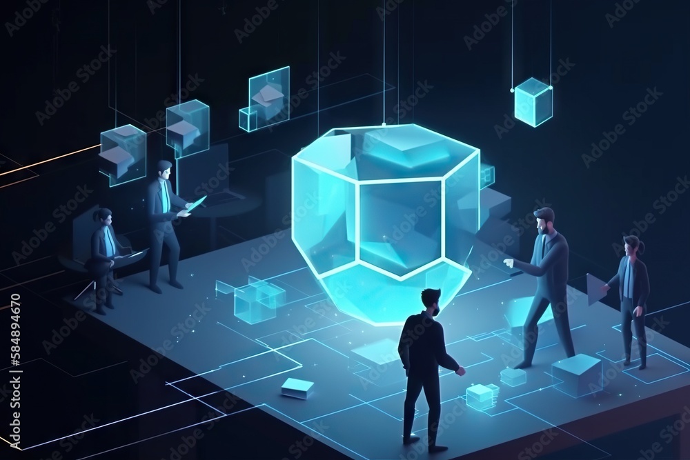 Poster a group of people standing around a large crystal object in the dark conference room animation block