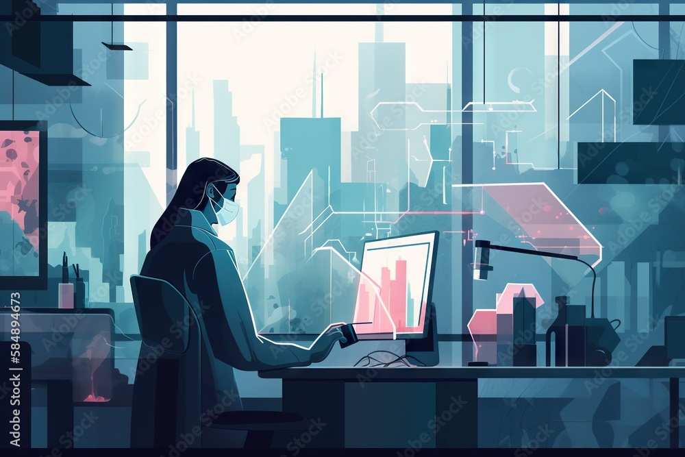 Poster a person sitting at a desk with a computer in front of them factory animation data analytics generat