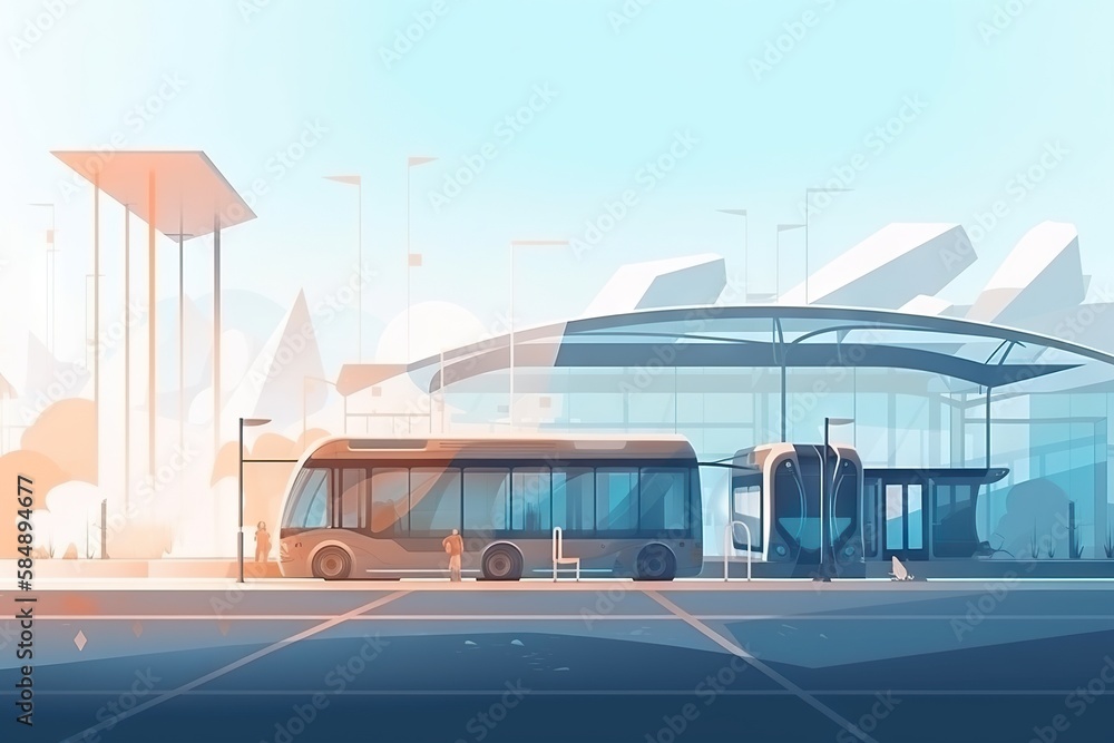 Poster a bus station with a bus parked at the bus stop and a person standing at the bus stop bus station an