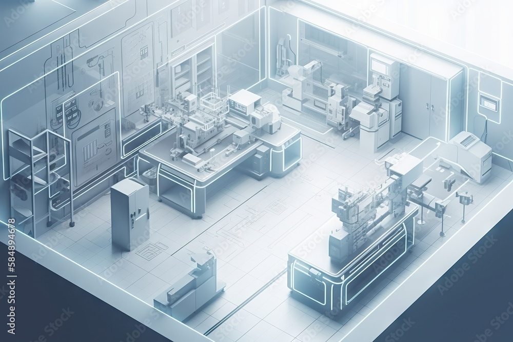 Poster a computer generated image of a factory with a lot of equipment factory animation manufacturing plan