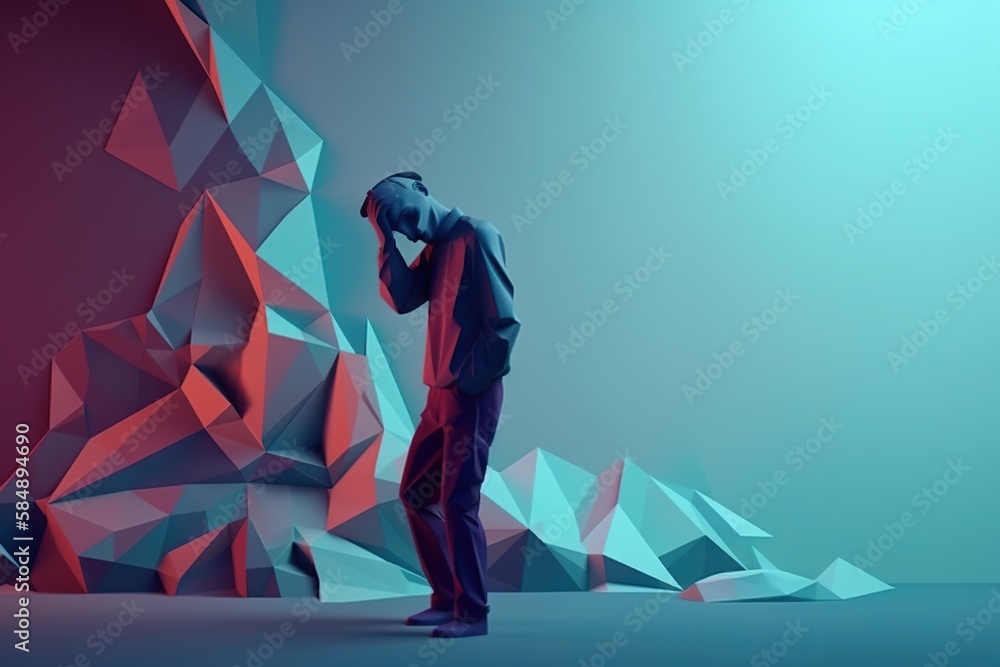 Poster a man standing in front of a mountain of rocks with his head in his hands iceberg video art motion g