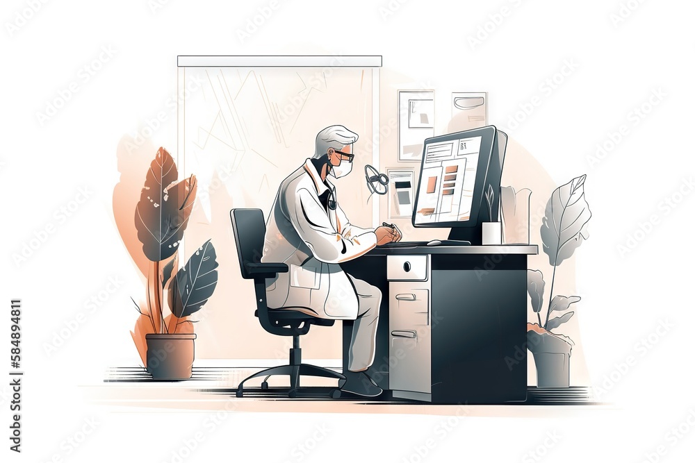 Poster A Man In A Lab Coat Is Sitting At A Desk With A Computer Workshop Graphic Design Medical Writing Generative AI 