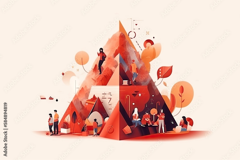 Poster a group of people standing around a red pyramid with balloons and trees workshop graphic design hr a