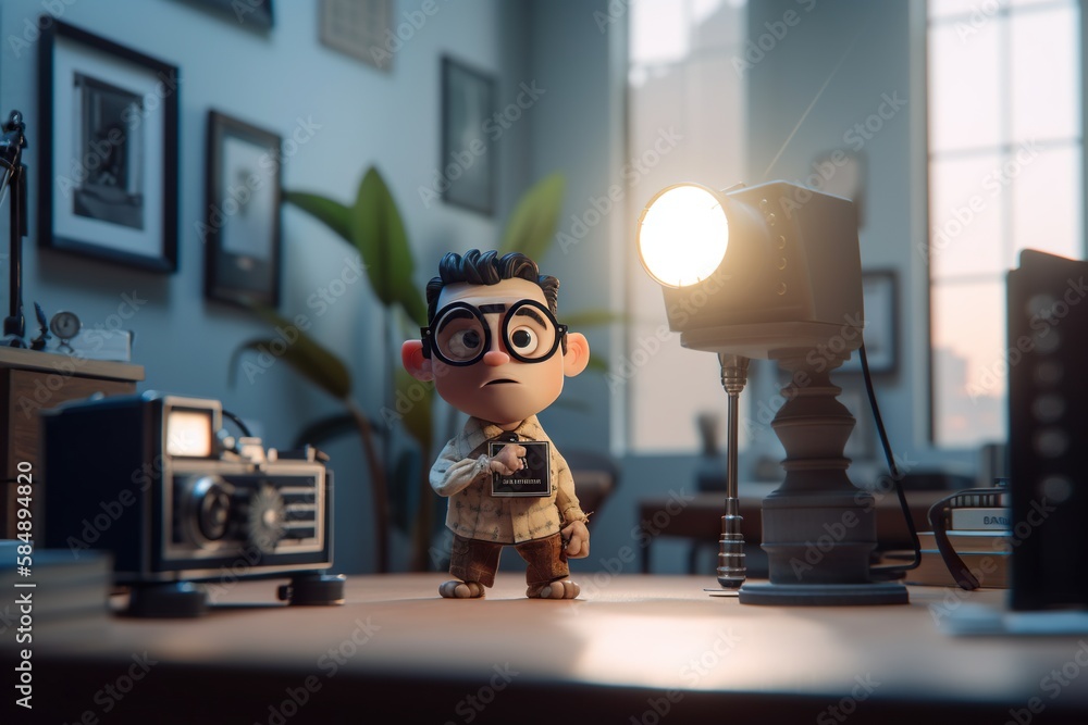 Aufkleber a small toy is standing next to a camera and a light law office animation animation filmmaking gener