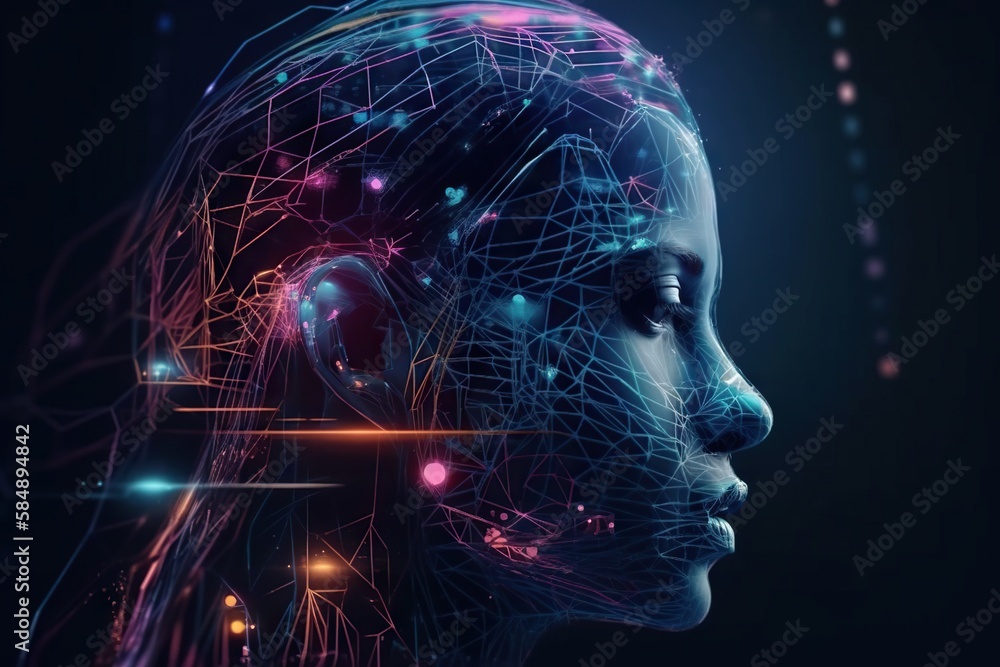 Poster a woman's head with a futuristic interface in the background workshop video art natural language pro