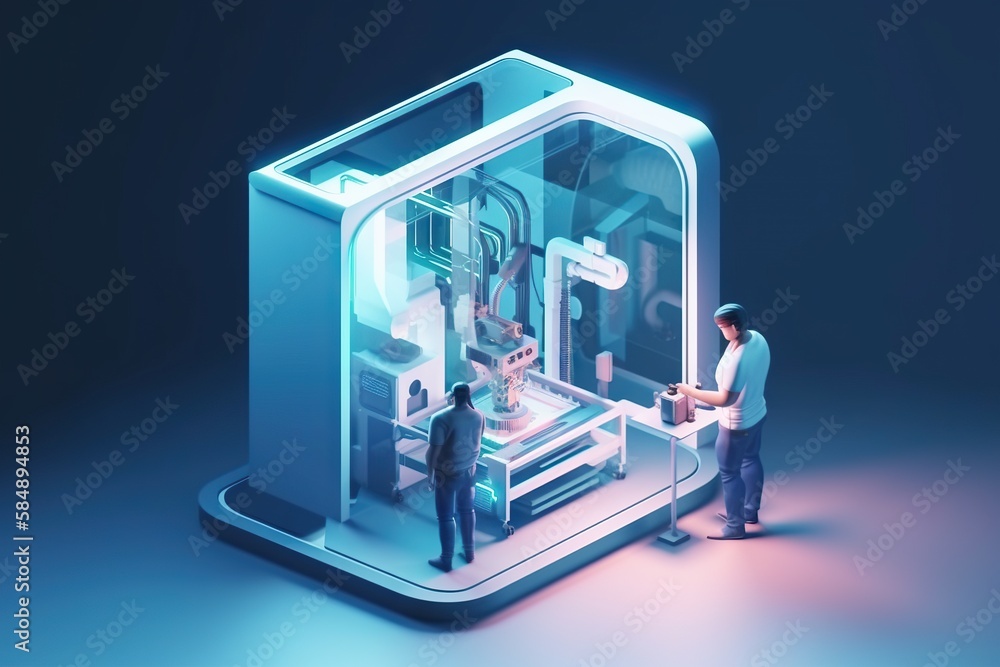 Poster a man standing next to a machine in a room with a man standing next to it workshop paper cutting man