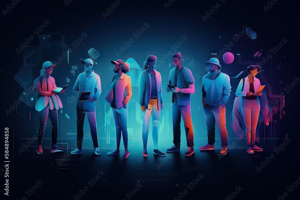 Poster a group of people standing in a line in front of a blue background nightclub animation motion graphi