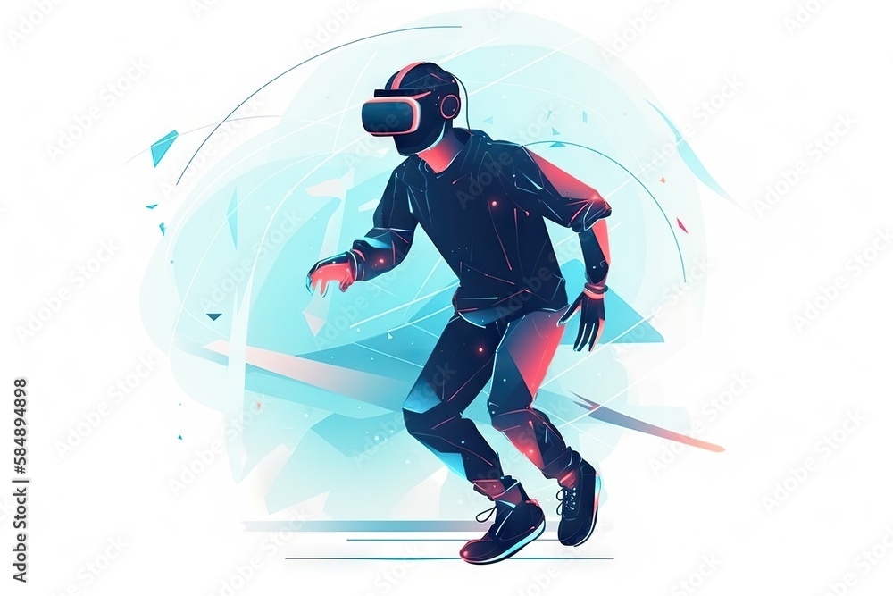 Poster a man in a virtual reality suit skateboarding on a white background arcade animation virtual reality