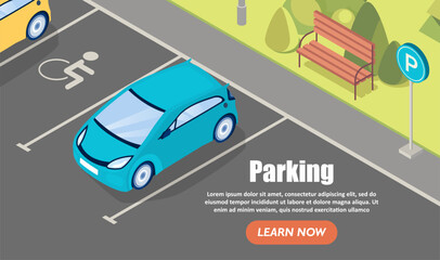 Fototapeta premium Parking with car concept. Urban infrastructure, place for transport and vehicles. Travel park place on rest area near road highway to city. Cartoon isometric vector illustration