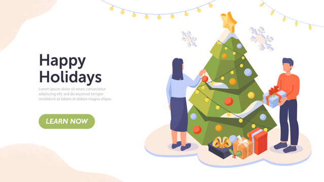 People decorate Christmas tree. Man and woman with garlands and gifts preparing for New Year and winter holidays. Design element for greeting and invitation card. Cartoon isometric vector illustration
