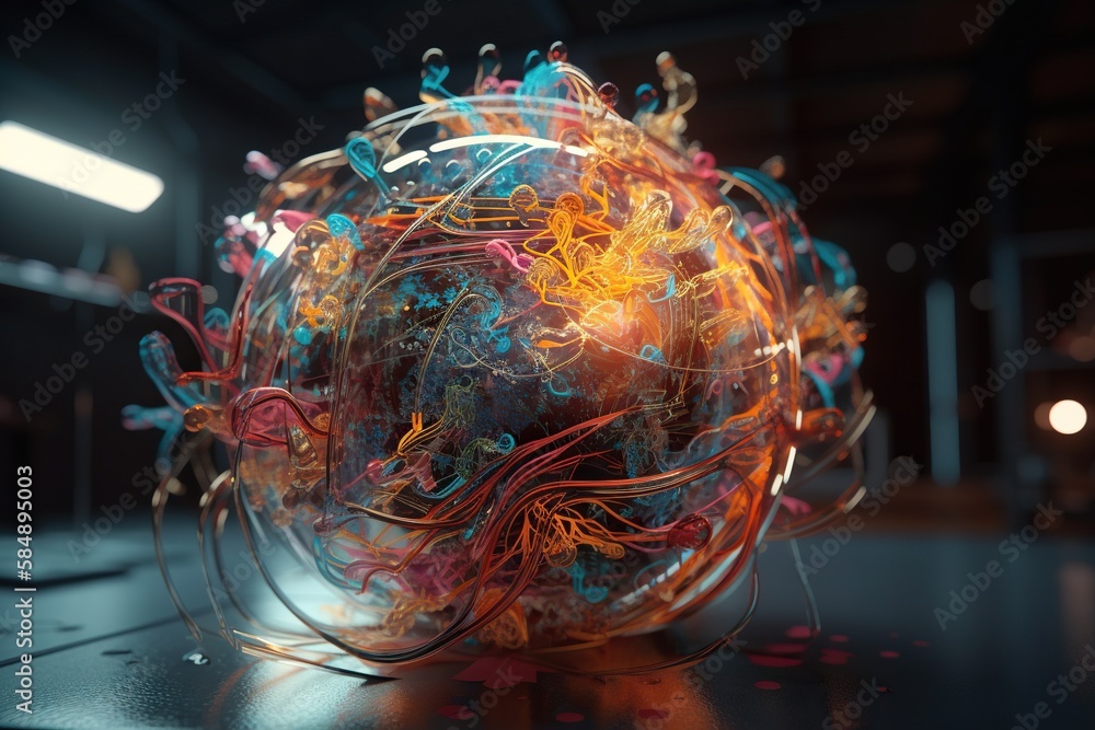 Poster a colorful object is sitting on a table in a room with lights aquarium kinetic art motion graphics g