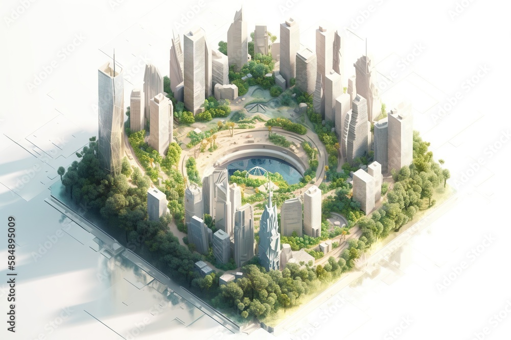 Aufkleber a city with a circular building surrounded by trees and bushes and a pond park environmental art lan