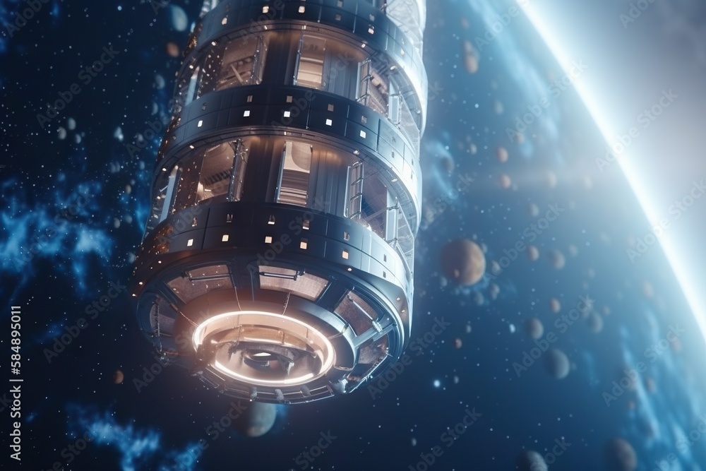 Poster a space station in the middle of the earth with a view of the moon grain silo animation motion graph