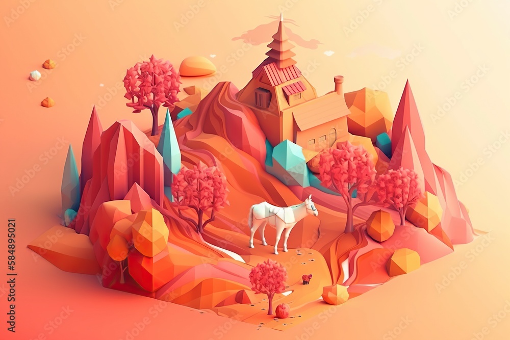 Poster a horse standing on a mountain with a castle in the background farm paper cutting motion graphics ge