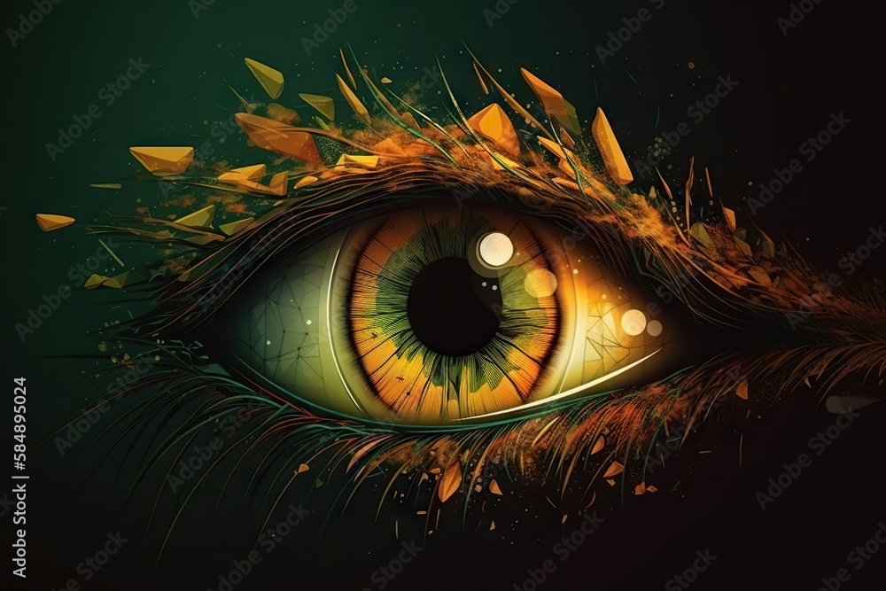 Poster a close up of an eye with a green background and yellow feathers zoo digital art vision generative a