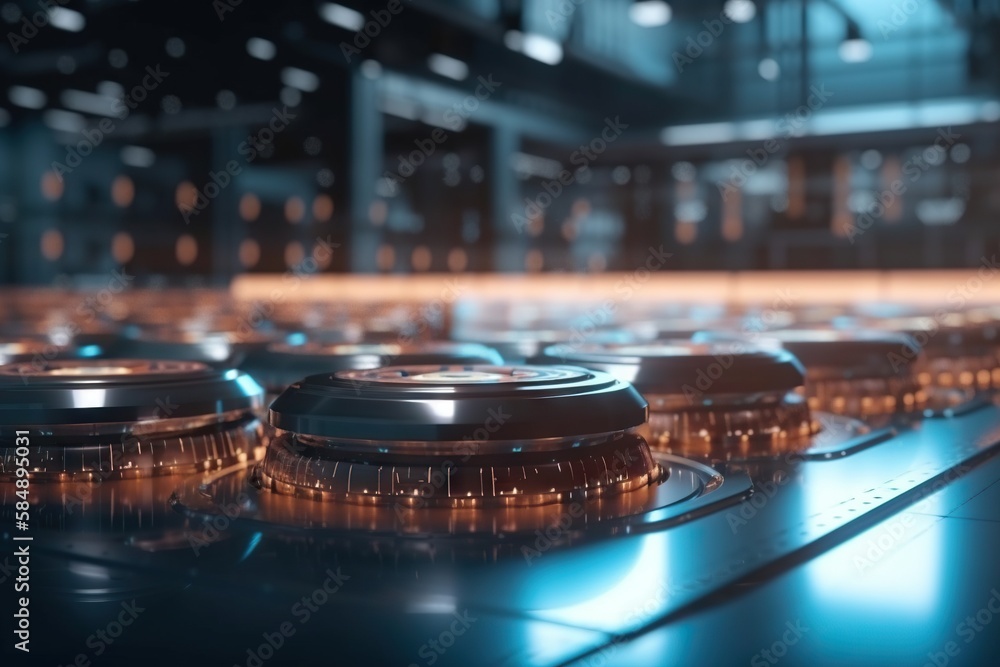 Poster a row of round metal containers with lights on them in a warehouse factory animation motion graphics