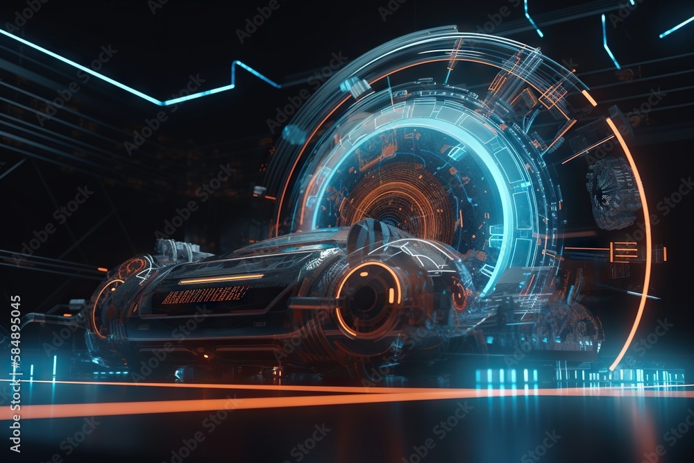 Poster a futuristic car in a futuristic city with neon lights and a circular wheel factory animation motion