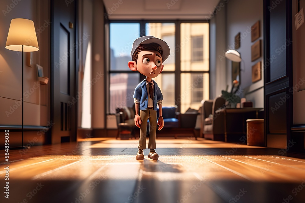 Poster a cartoon character standing in a room with a lamp on the floor classroom animation animation filmma