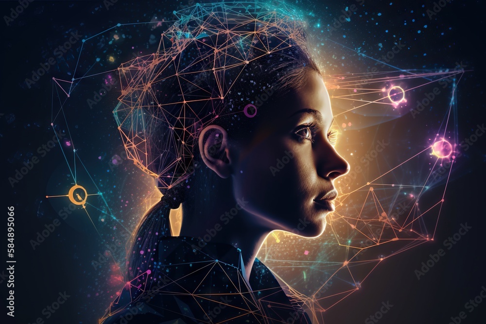 Aufkleber A Woman's Profile With A Digital Background And Lines And Dots Workshop Graphic Design Artificial Intelligence Generative AI 