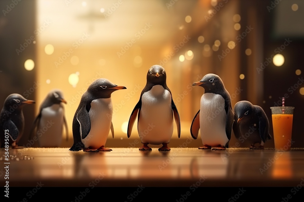 Aufkleber a group of penguins standing next to each other on a table ice rink animation animation filmmaking