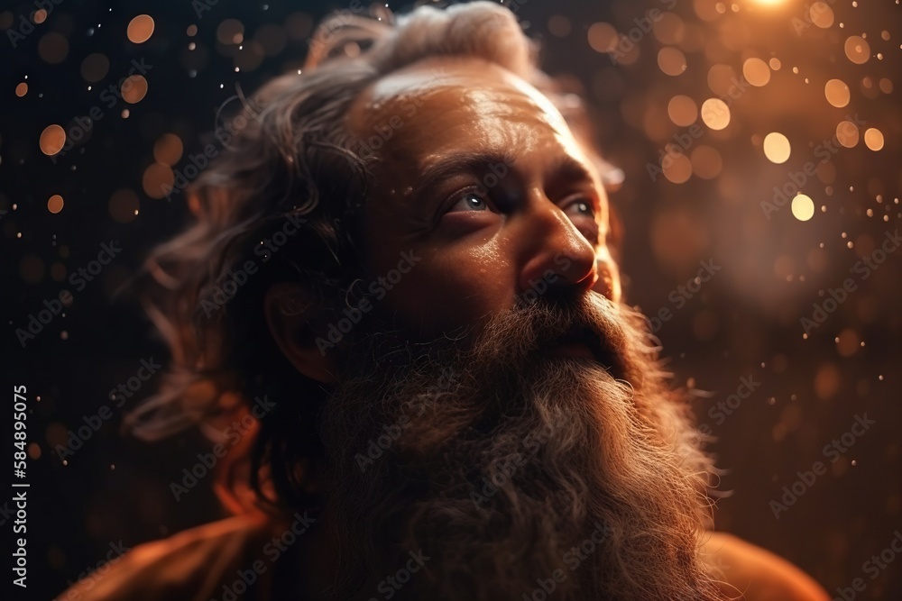 Poster a man with a long beard and a beard with a light shining on him tundra advertising photography motio
