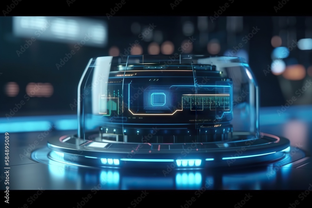 Poster a futuristic object with a blue light on top of it in a dark room factory animation motion graphics