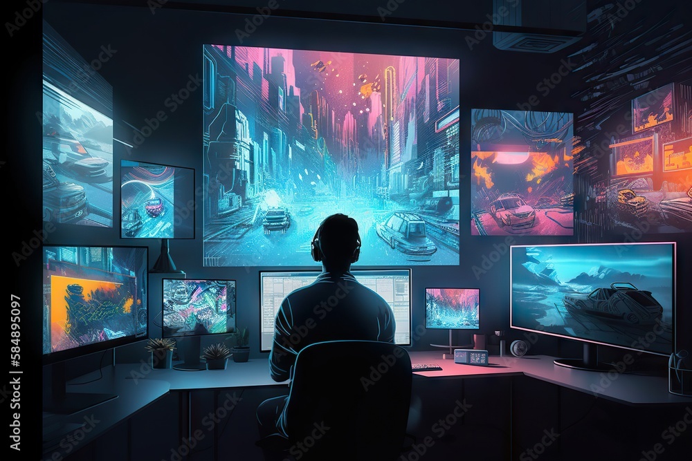 Poster A Man Sitting At A Desk In Front Of A Computer Monitor Conference Room Animation Computer Graphics