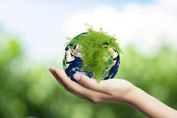 Hand holding green earth isolated on blurred background, mother earth day illustration. Created with Generative AI Technology