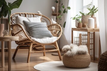 Close up of bamboo rattan armchair with white cushions in contemporary living room with boho chic décor. Side table with tray and eucalyptus branch in ceramic vase. Generative AI