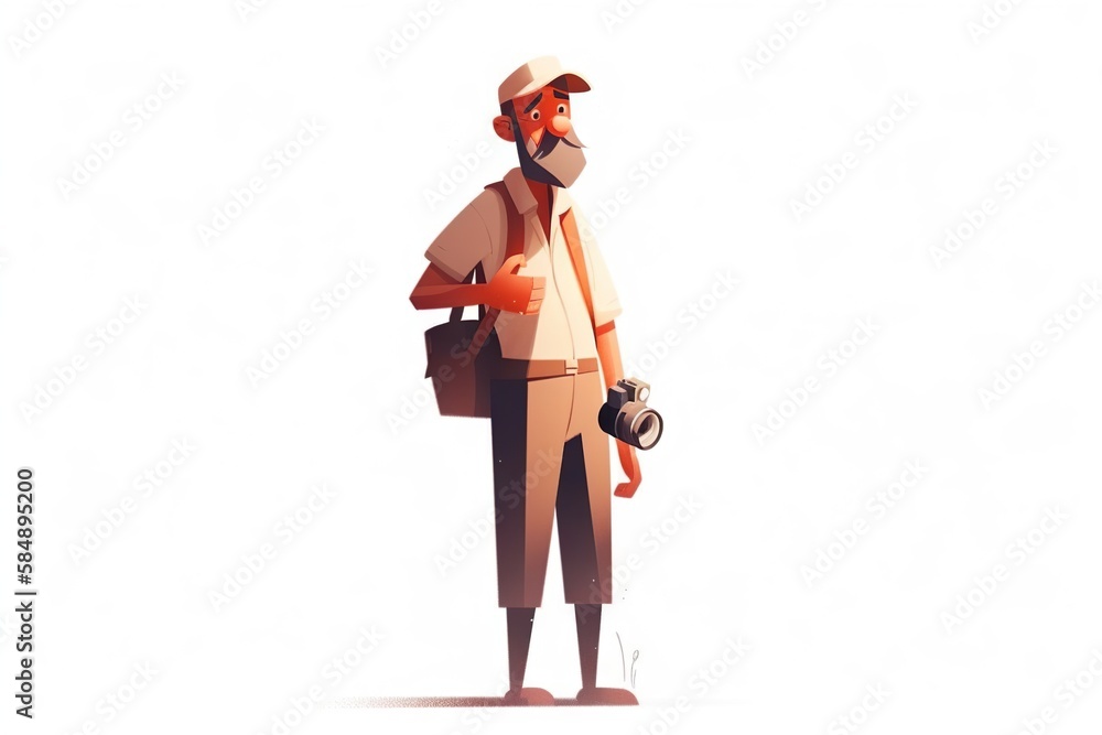 Poster a man with a camera and a hat on his head is standing zoo animation animation filmmaking generative 