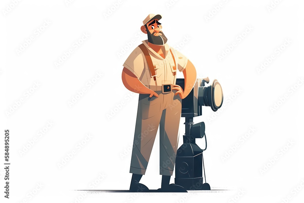 Poster a man standing next to a camera and a camera lens on a tripod harbor animation motion graphics gener