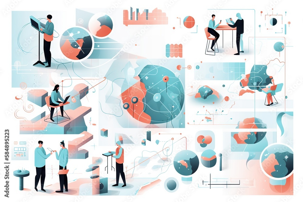Poster A Series Of Illustrations Of People Working On A Computer And A Globe Workshop Graphic Design Hr Analytics Generative AI 