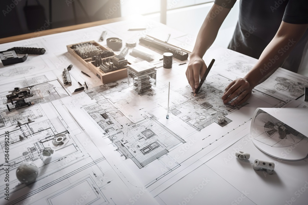 Poster a person is working on a project on a table with a lot of drawings construction site architectural p