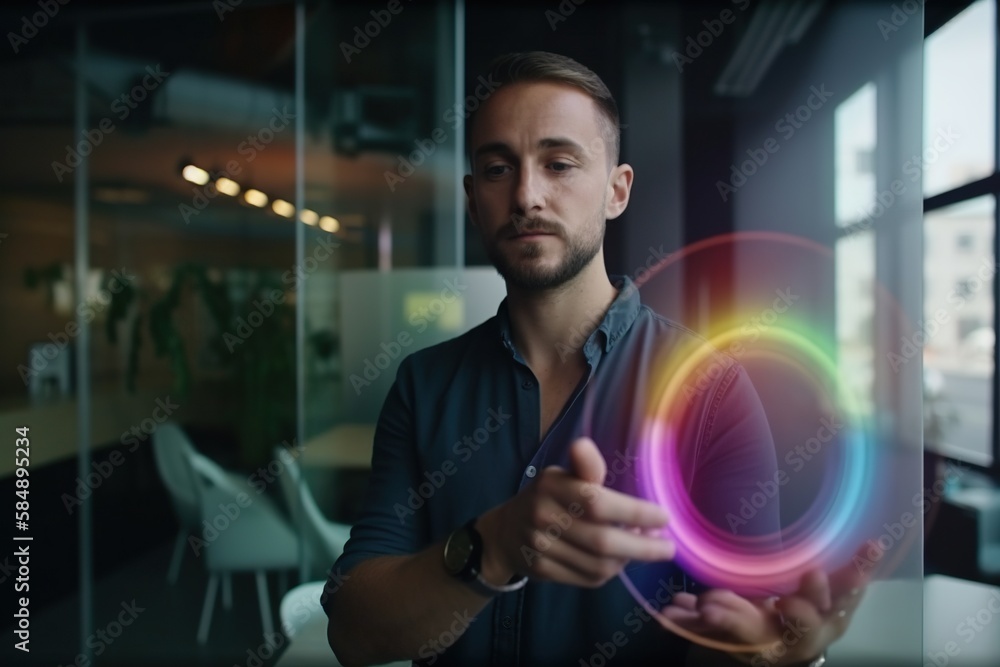 Poster a man holding a circular object in his hands in a room workshop long exposure photography motion gra