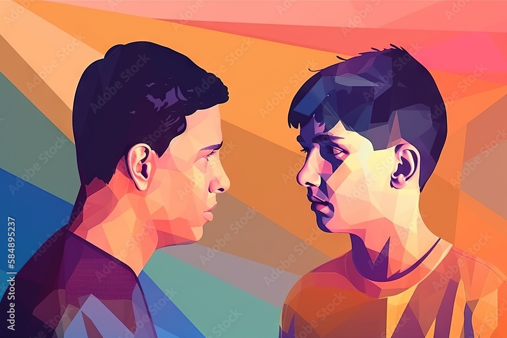 Poster two men facing each other with a colorful background behind them and a colorful background behind th