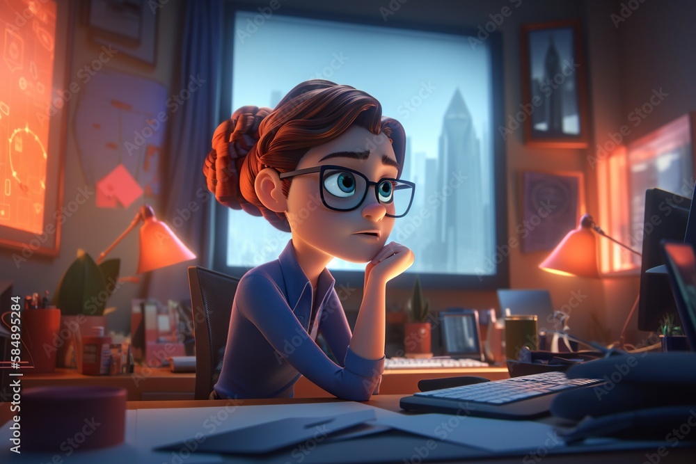 Poster a woman sitting at a desk with a computer and a monitor law office animation animation filmmaking ge