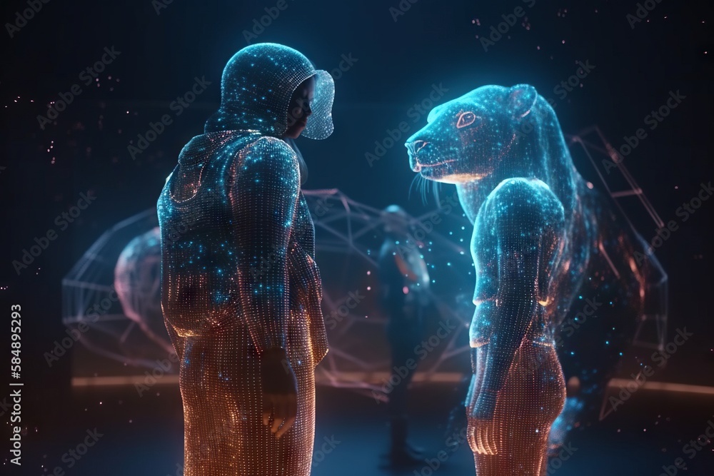 Poster two people in futuristic suits standing in front of a blue background zoo animation motion graphics 