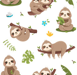 Sloth seamless pattern. Repeating design element for printing on fabric. Tropical and exotic animal on branch. Nature and wild life, flora and fauna. Cartoon flat vector illustration © 100% HAND-CRAFTED