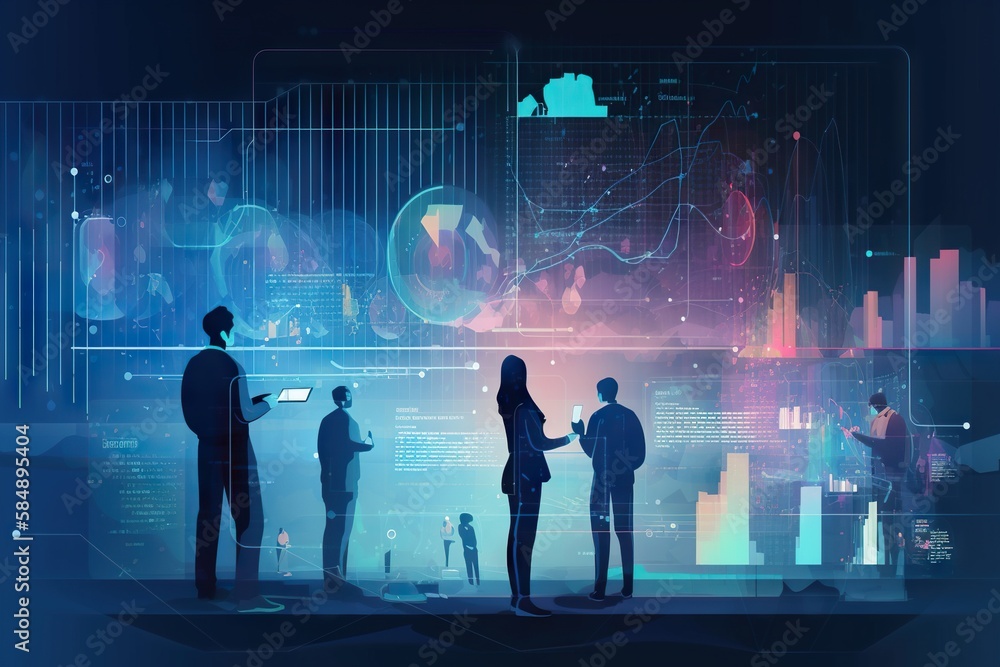 Poster a group of people standing around a computer screen with a city in the background workshop graphic d